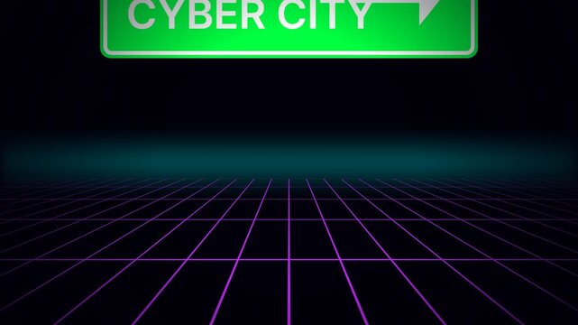 Animated road signs changing on a futuristic neon grid with a dark cyberpunk background.