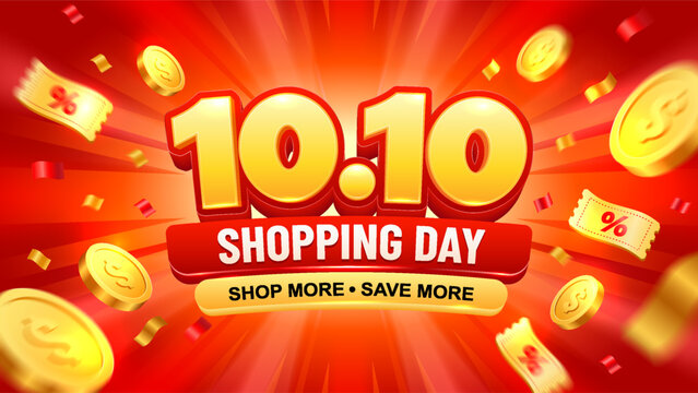 10.10 Shopping Day Sale Banner with Golden Coins and Discount Coupons, Bold Retail Promotion Design on Vibrant Red Orange Background for E-Commerce Marketing, Seasonal Shopping Festival Campaign