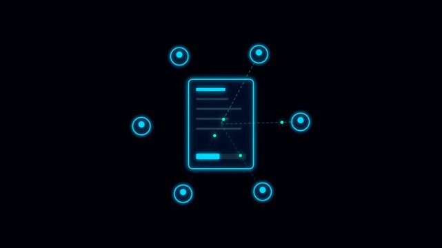 Abstract digital document network interface representing cloud data transfer and smart contract synchronization with glowing blue elements
