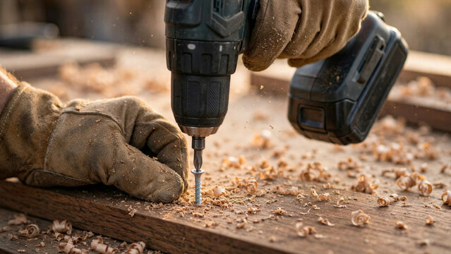 Detail shot of carpenter hands driving metal screw into hardwood plank using cordless drill