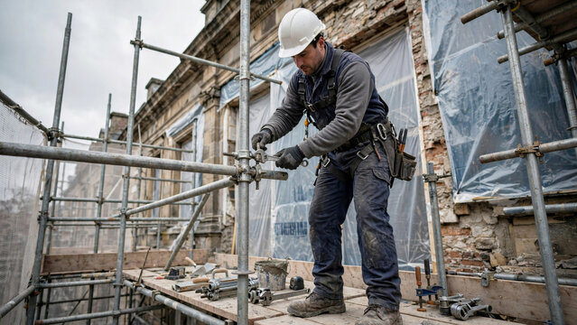 Scaffolder securing metal poles and steel clamps on exterior scaffolding around historic building