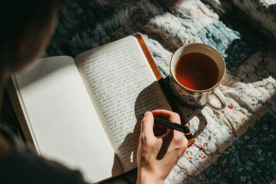 Person writing in a journal with a cup of tea on a floral quilt