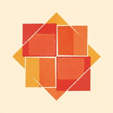 Minimalist geometric abstract illustration featuring overlapping squares and diamonds in warm shades of red, orange, and yellow on a cream background with a textured, screen-printed aesthetic, concept