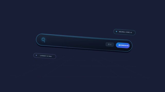 Futuristic search bar interface with magnifying glass icon and blinking cursor on dark blue background