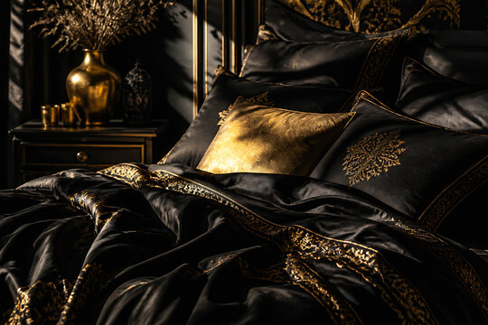 A luxurious, dark bedroom setting featuring a richly textured black and gold bed with ornate pillows.