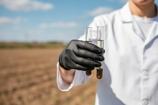 Scientist holding test tubes with soil samples in a field