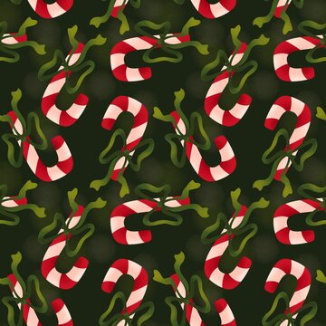 Christmas Candy Cane Seamless Pattern with Holly Leaves on Dark Green Background