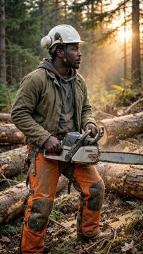 Focused Black male logger in protective chaps and helmet holding chainsaw near large timber logs in outdoor forest