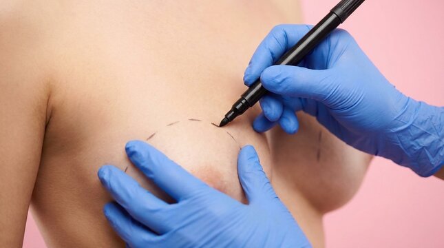 Surgeon in blue gloves drawing correction lines on female breast for plastic surgery preparation, mammoplasty or breast augmentation procedure on pink background, concept of aesthetic enhancement and 