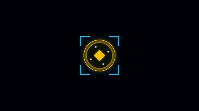 Futuristic digital coin HUD element with scanning target brackets against a dark background