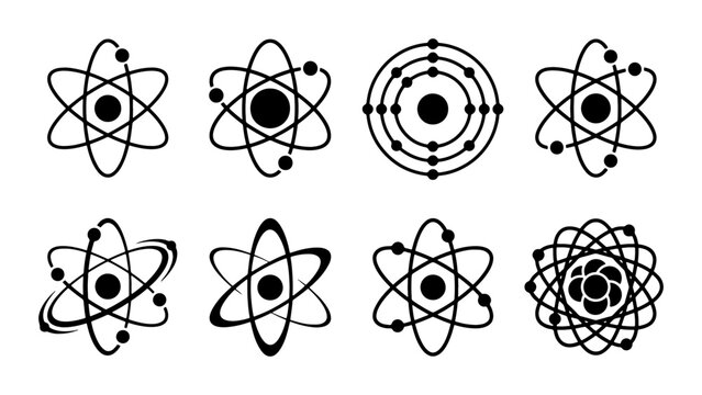 Atomic Structure Icons, Scientific Diagrams, Molecular Models, Chemistry Symbols. Set of 8 Black and White Vector Illustrations for Science and Education