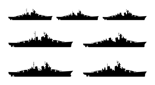 Set of 7 Black Silhouette Battleship Icons, Naval Warship Vector Graphics, Military Fleet Symbols, Maritime Combat Vessels, Armada Collection, Marine Power Illustration