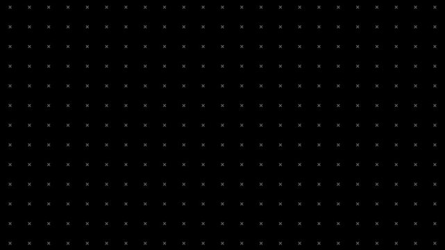 Animated minimalist geometric grid pattern with rotating cross and plus sign shapes on black background.