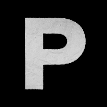 Capital letter P made of textured white paper isolated on black background