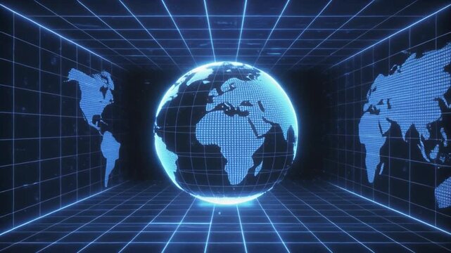 Global digital network with rotating earth and map projections in futuristic blue grid tunnel
