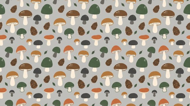 Cute autumn mushroom seamless pattern backdrop with pinecones and leaves in muted earthy tones for wallpaper
