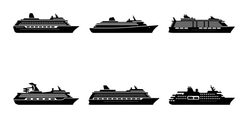 Fototapeta premium Cruise Ship Silhouettes, Set of 6 Vector Icons. Maritime Transport, Ocean Liner Collection. Modern Nautical Vessels for Travel and Leisure.