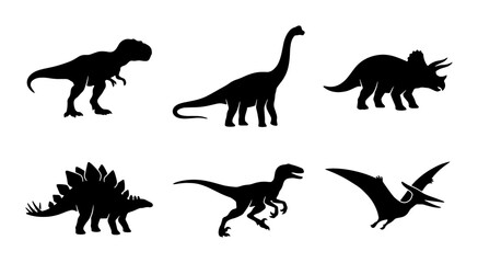 Set of Six Black Dinosaur Silhouettes, Prehistoric Reptile Icons, Jurassic Era Creatures, Vector Graphics for Education and Design © Sohan