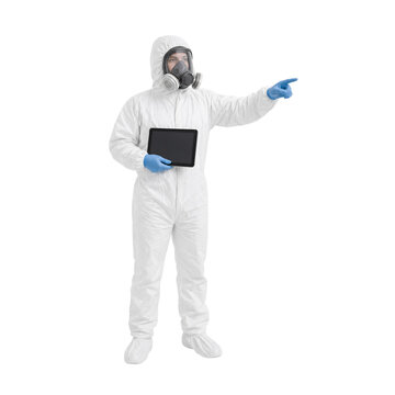 Person wearing hazmat suit and respirator holding electronic display pointing finger isolated on transparent background png element