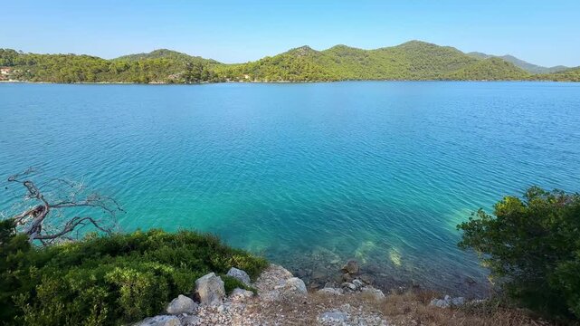 View of Veliko Jezero or Big Lake in Mljet National Park on Mljet Island in Croatia. Protected Mediterranean nature and peaceful lake landscape concept.