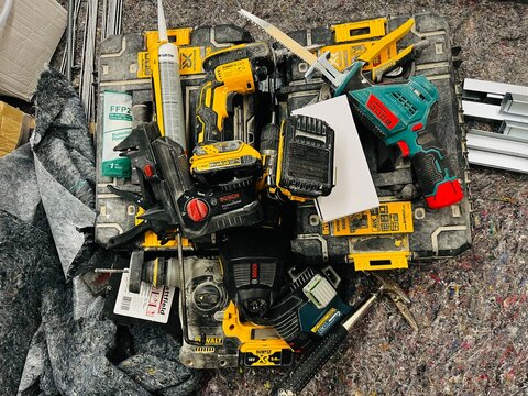 Germany, Paderborn, September 10. 2026, A collection of various power tools for construction, including DeWalt, Bosch, and G&uuml;de