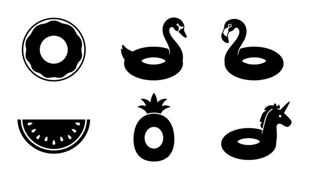 Summer Pool Float Icons Set: Donut, Swan, Flamingo, Watermelon, Pineapple, Unicorn, Vector Graphics for Beach and Pool Party Designs