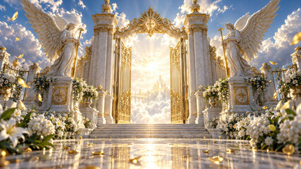 Fototapeta premium Golden gates of heaven with angel statues and divine light