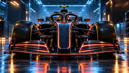 Fototapeta premium Futuristic race car in high tech garage with neon lighting