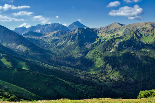 Majestic view of Krivan peak and mountain ridges in High Tatra Mountains, scenic landscape of deep green Jarzabcza Valley with dramatic sunlight and copy space.