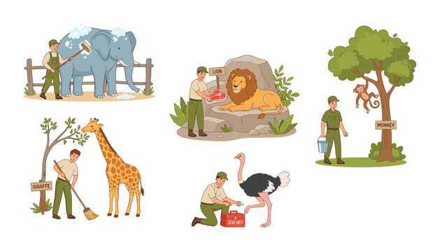 Zoo keeper cartoon vector illustration set with rangers feeding wild animals cleaning enclosures and treating veterinary patients