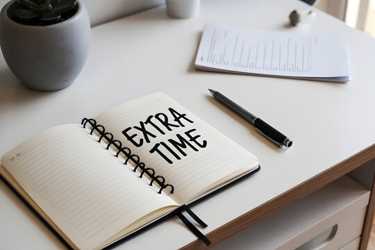 Open notebook with extra time message written on page beside a professional pen on white desk