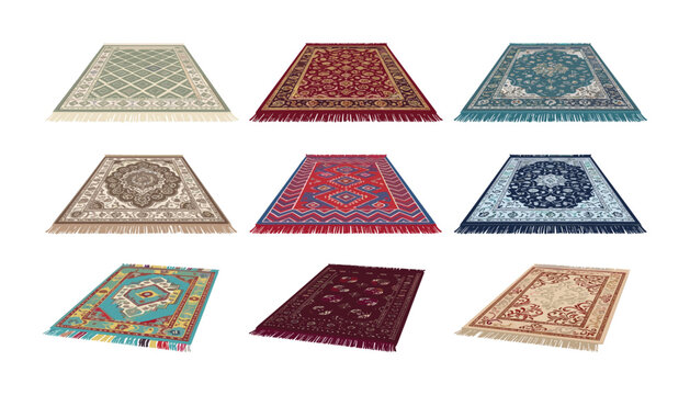 Traditional oriental carpets and rugs vector collection set with geometric and floral patterns in isometric view isolated