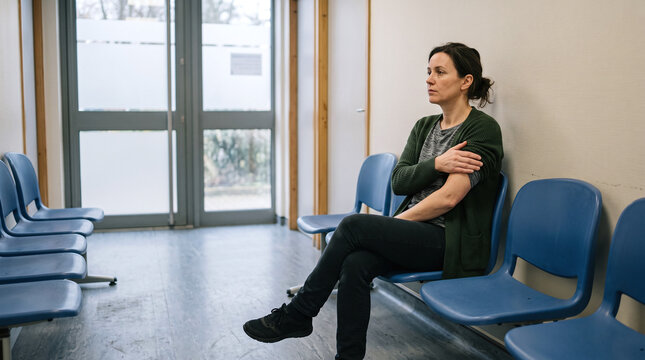 Woman rubs her arm anxiously in a clinic waiting room