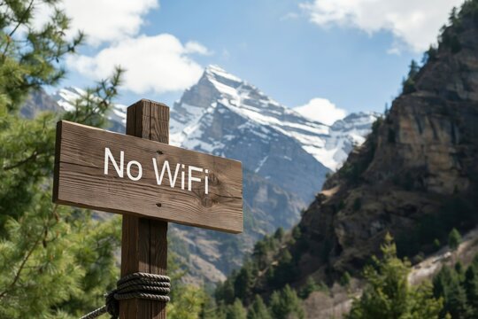 Wooden sign with no wifi text in front of a scenic mountain landscape