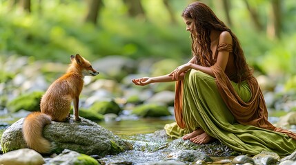 Fototapeta premium Beautiful Forest Nymph in Green Dress Interacting with a Wild Red Fox by a River