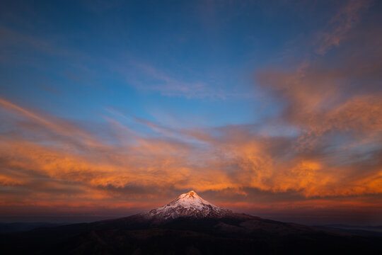 Sunrise on Mt Hood with dramatic skies