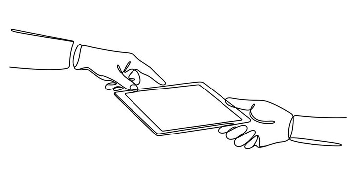 Continuous line drawing of two hands passing a digital tablet device