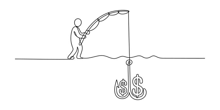continuous line drawing Person fishing for money with a hook and dollar sign symbol
