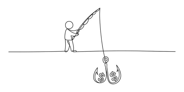 continuous line drawing Person fishing for money with a hook and dollar sign symbol