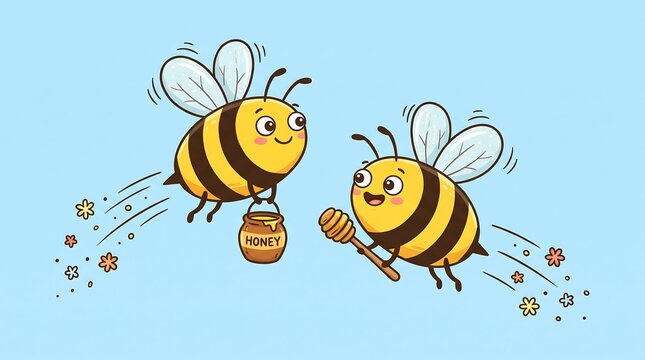Cute cartoon honey bees flying with honey pot and dipper, happy bumblebee characters on blue background, friendly insects illustration