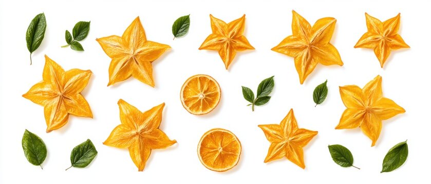 Collection of dried starfruit carambola cross-sections and small compound leaves, pure white background