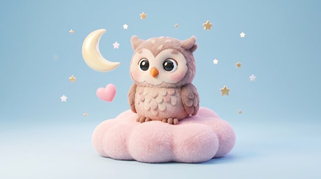 Adorable 3D owl character on pink cloud, whimsical night sky with moon and stars, cute nursery art illustration
