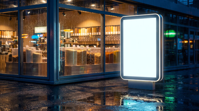 Blank glowing advertising display board in front of zero waste grocery shop at evening rainfall
