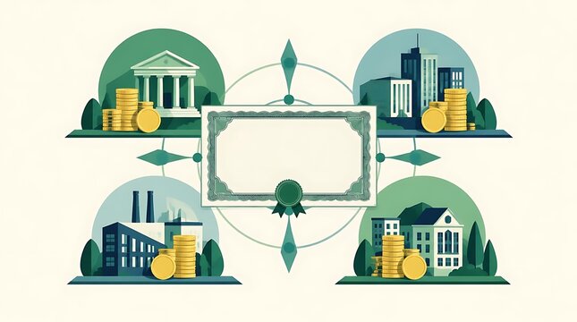 Financial investment illustration featuring a blank certificate or bond surrounded by banking, corporate, industrial, and real estate sectors with stacks of gold coins for economic growth.