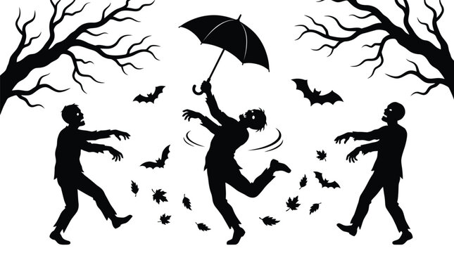 Happy dancing zombies silhouette vector illustration featuring a cheerful walking undead character holding a black umbrella