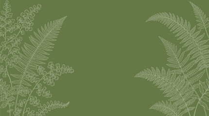 Obraz premium Elegant fern leaf foliage border illustration on sage green background providing natural botanical frame for wedding invitations or organic product packaging designs in flat vector art style