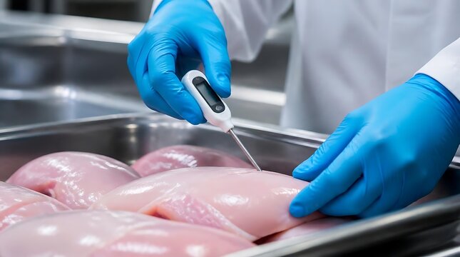 Food industry worker measuring raw fish temperature with thermometer.