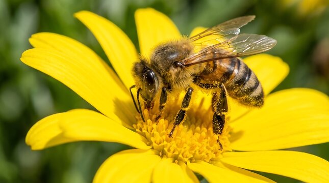Honey bee collecting pollen on yellow daisy flower. Macro photography of honeybee on vibrant blossom. Pollination in summer garden.