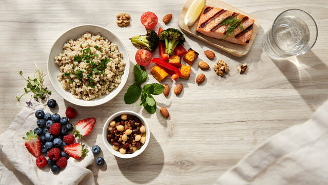 Top view of balanced meal with grilled fish