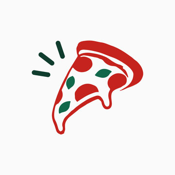 Minimalist pizza slice vector logo design template with melting cheese and basil leaves